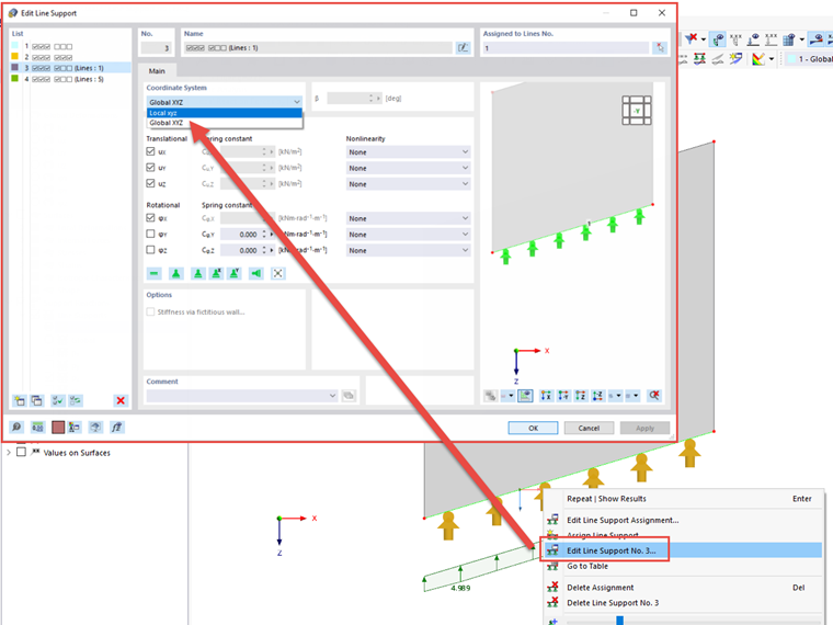 FAQ 005221 | No obtengo ninguna reacción del apoyo local en los apoyos en línea en RFEM 6. ¿Cómo debo proceder para conseguirlos?