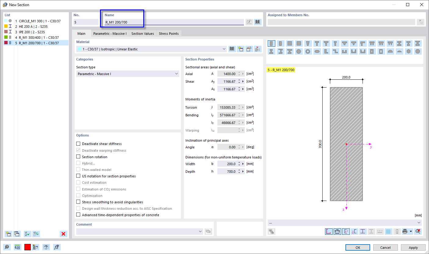 Definición de una sección rectangular
