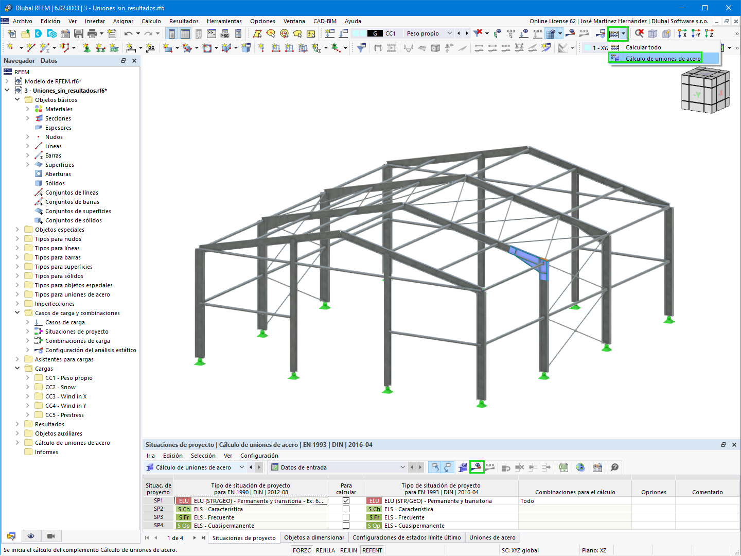 Ejecución del cálculo de uniones de acero