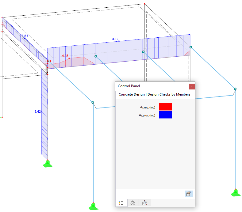 Armadura necesaria y armadura existente en caras superiores de las barras