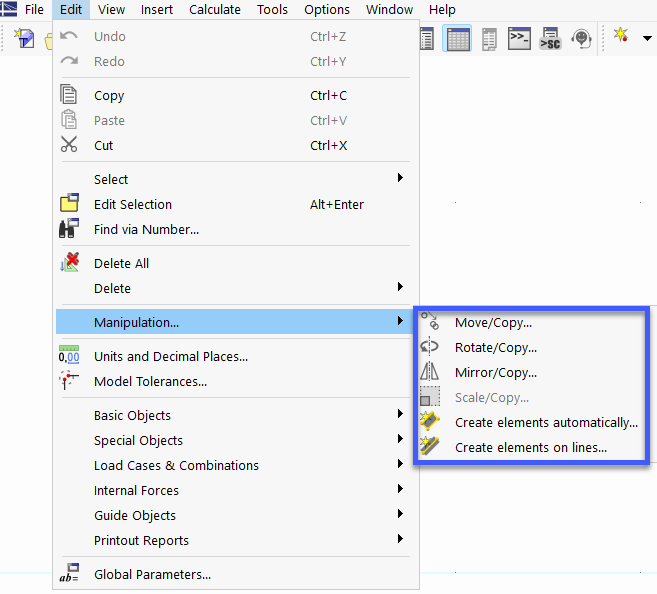 Herramientas de modelado en el menú "Editar"