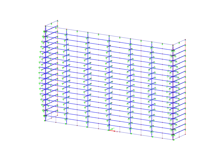 Modelo en 3D de la fachada de acero y vidrio en RSTAB (© SuP Ingenieure GmbH)