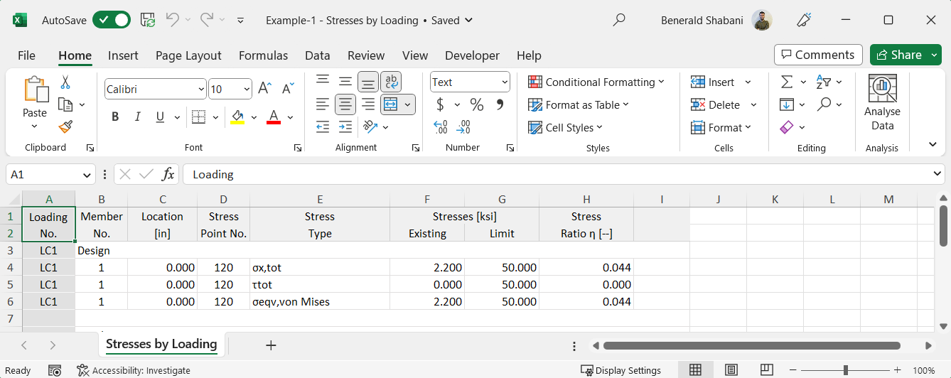 Tabla de Excel con tensiones