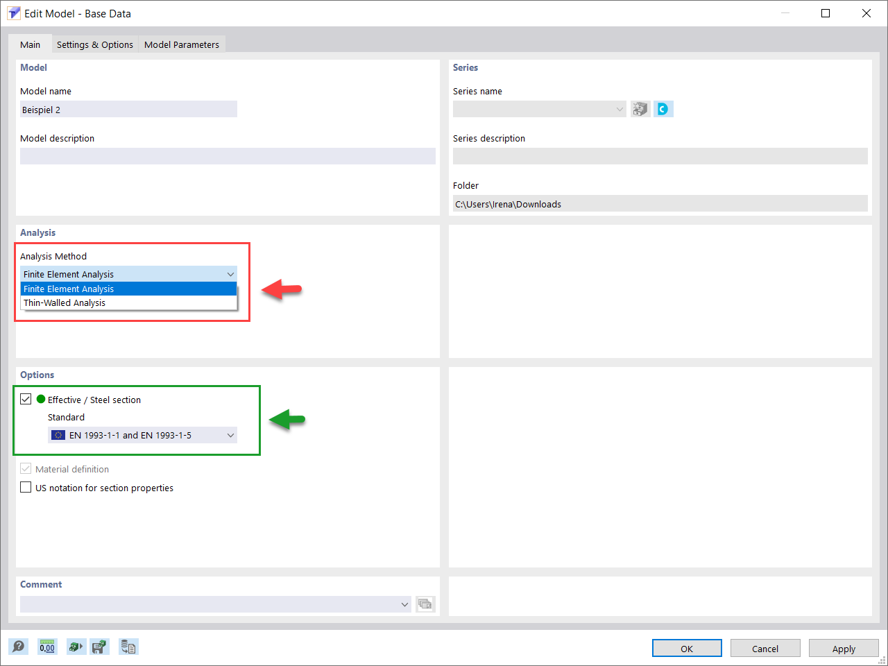 Métodos de análisis disponibles en RSECTION 1
