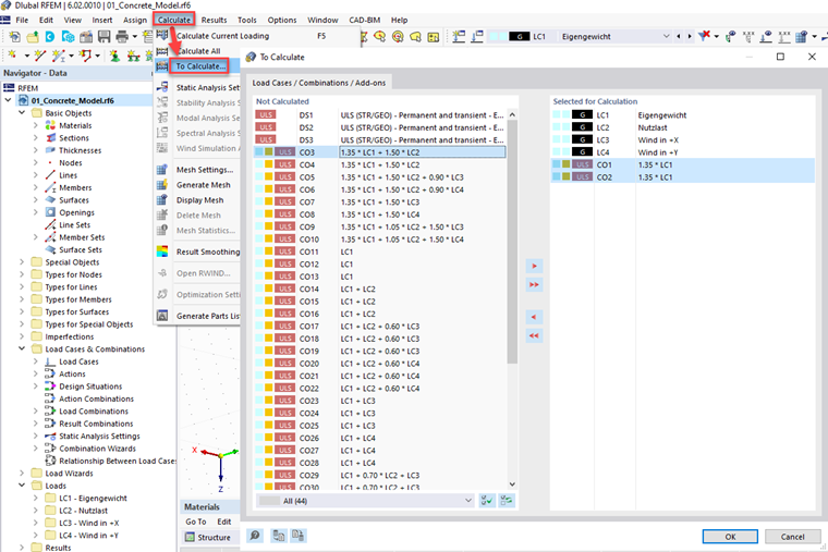 Preguntas frecuentes 005260 | ¿Es posible calcular una selección de casos de carga, combinaciones de carga y combinaciones de resultados? Especialmente con modelos grandes, no siempre quieres