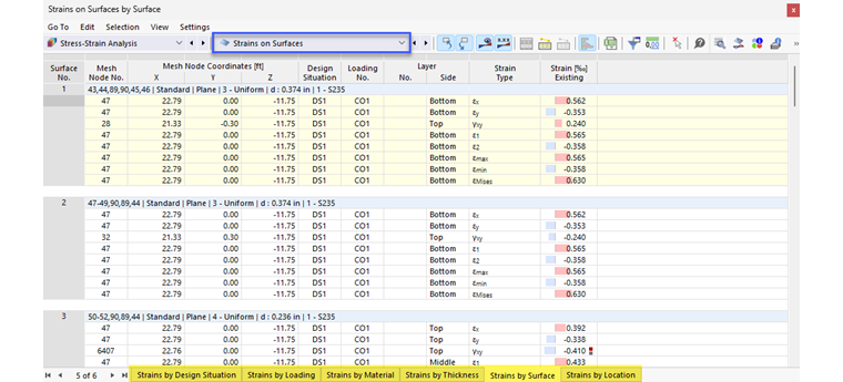 Tabla de resultados de "Deformaciones en superficies" para cálculo tensión-deformación