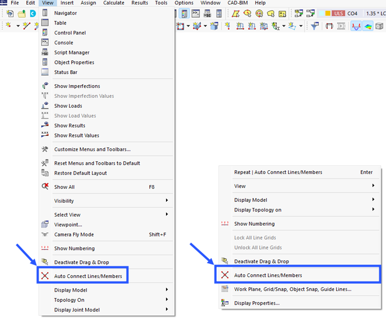 Función 'Conectar automáticamente líneas/barras' en el menú (1) y el menú contextual general (2)
