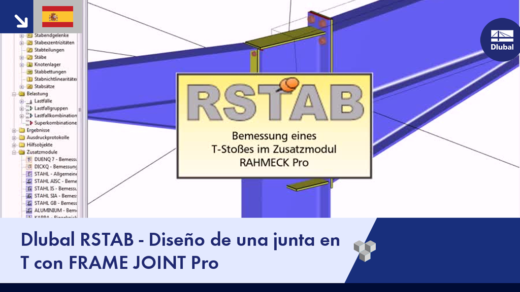 La interfaz del software muestra el programa RSTAB con el módulo adicional "Frame-Joint Pro" en la pantalla, con menús y cuadros de diálogo en un diseño de interfaz gráfica de usuario.