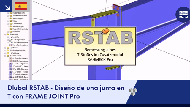 La interfaz del software muestra el programa RSTAB con el módulo adicional "Frame-Joint Pro" en la pantalla, con menús y cuadros de diálogo en un diseño de interfaz gráfica de usuario.