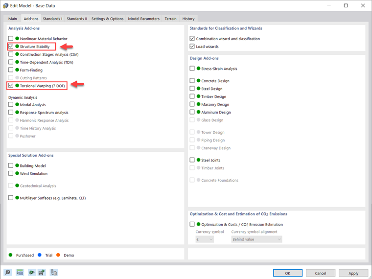 Activación de estabilidad estructural y Deformación Torsional (7 DOF)
