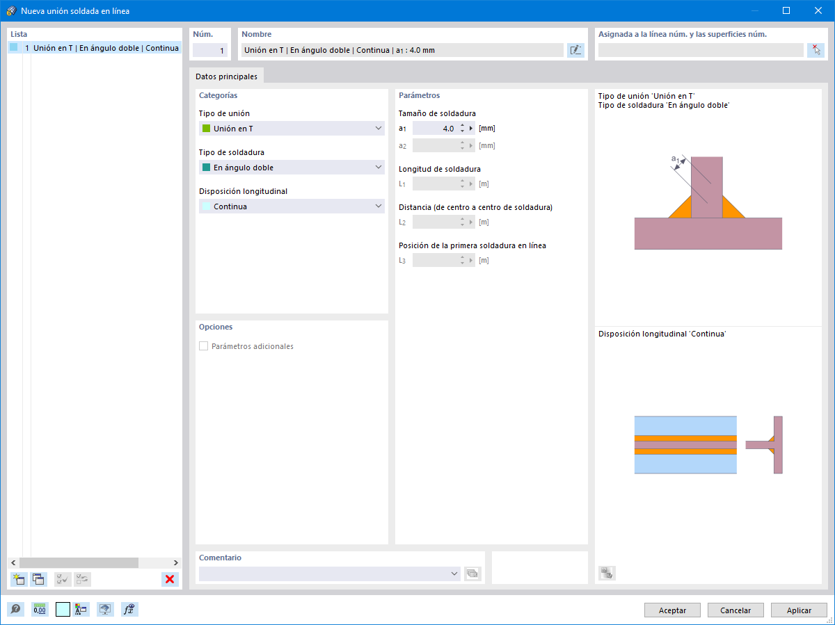 Definición de una soldadura en línea