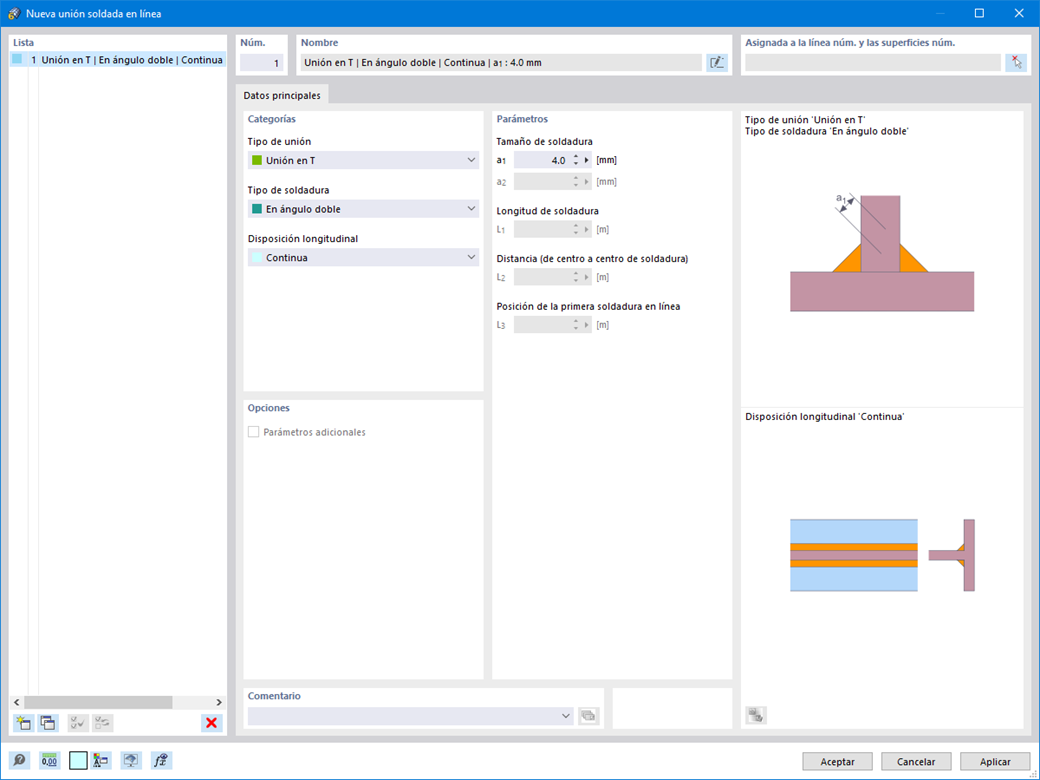 Definición de una soldadura en línea