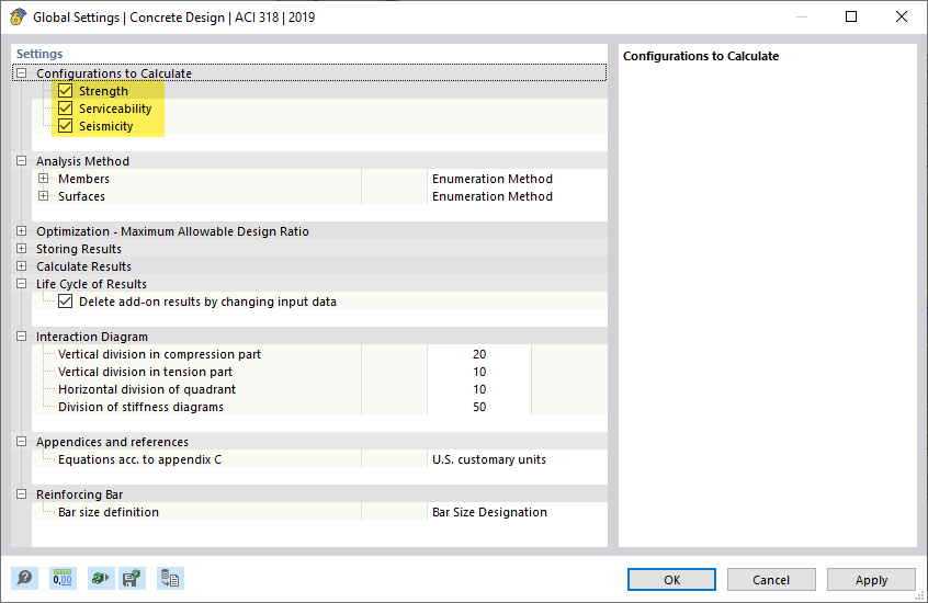 Configuraciones para cálculo de hormigón según ACI 318