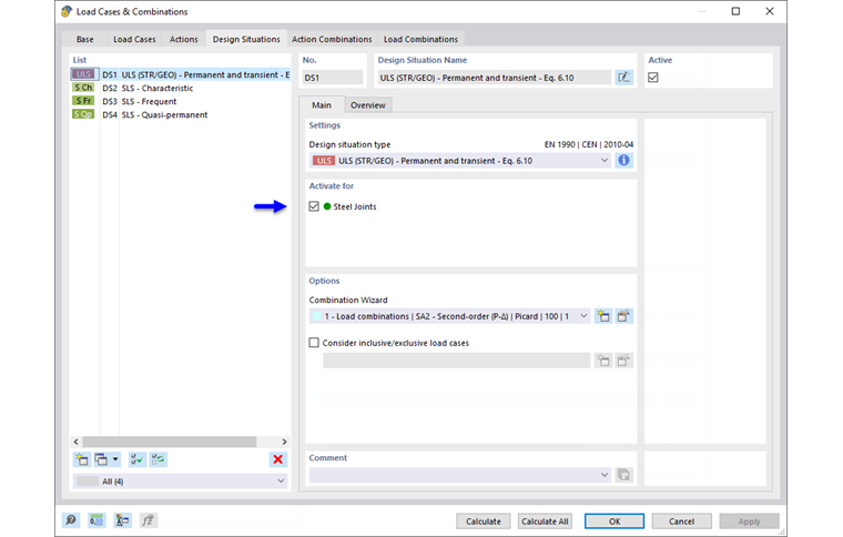 Activación de la situación de proyecto para el cálculo de uniones de acero