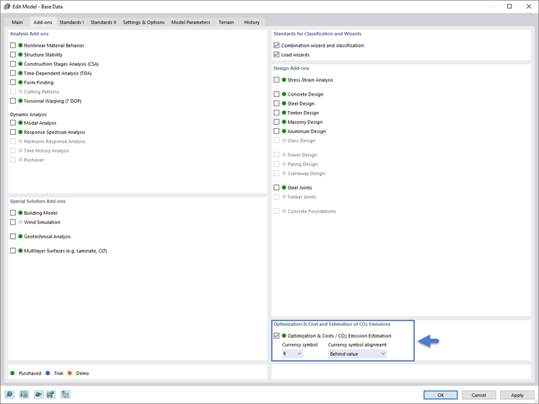 Activación de la optimización del complemento y estimación de costes/emisiones de CO₂