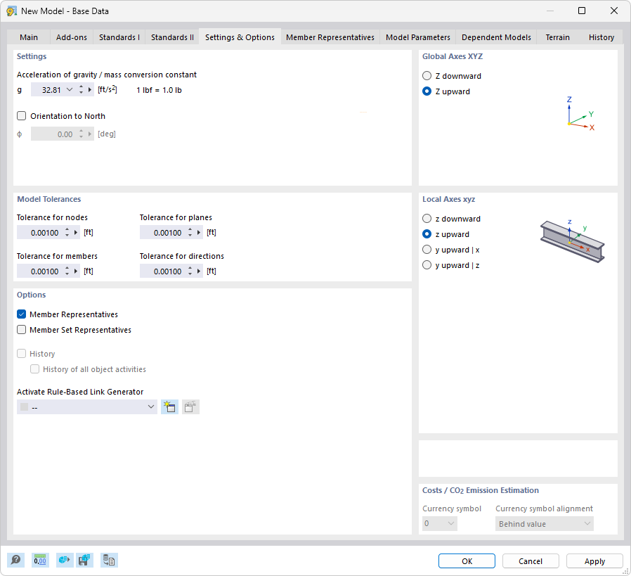 Cuadro de diálogo "Nuevo modelo – Datos básicos", pestaña "Configuración y opciones"