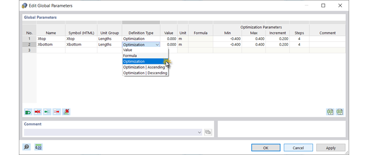 Parámetros globales con el tipo de definición 'Optimización'