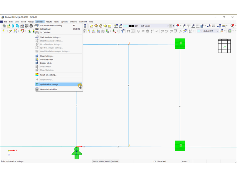 Configuración de optimización en el menú 'Cálculo'