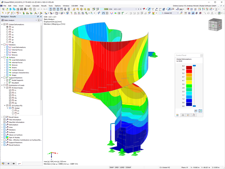 Mapa de la deformación de la escalera de caracol en RFEM (© Matrix Consulting Engineers Ltd)