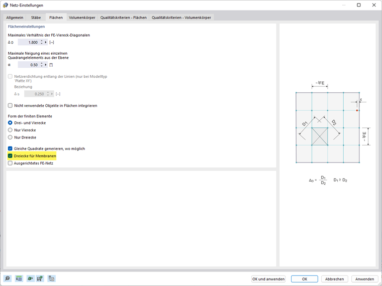 Cuadro de diálogo "Configuración de malla", pestaña "Superficies"