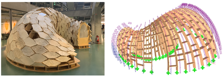 Pabellón My-Co y modelo RFEM con cargas de viento aplicadas @ Universität der Künste Berlin (© Diego APELLÁNIZ)