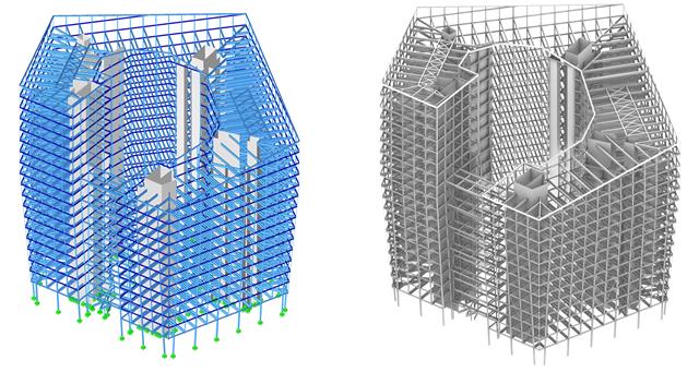 Modelo de RFEM y modelo en 3D extruido de Rhino de la sede de ArcelorMittal @ Bollinger + Grohmann (© Diego APELLÁNIZ)