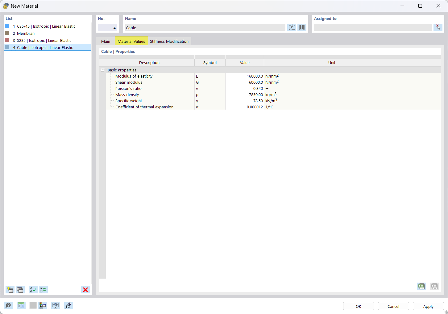 Valores de material: propiedades del cable