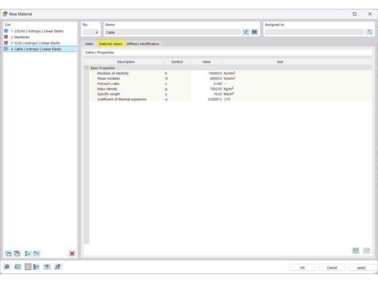 Valores de material: propiedades del cable