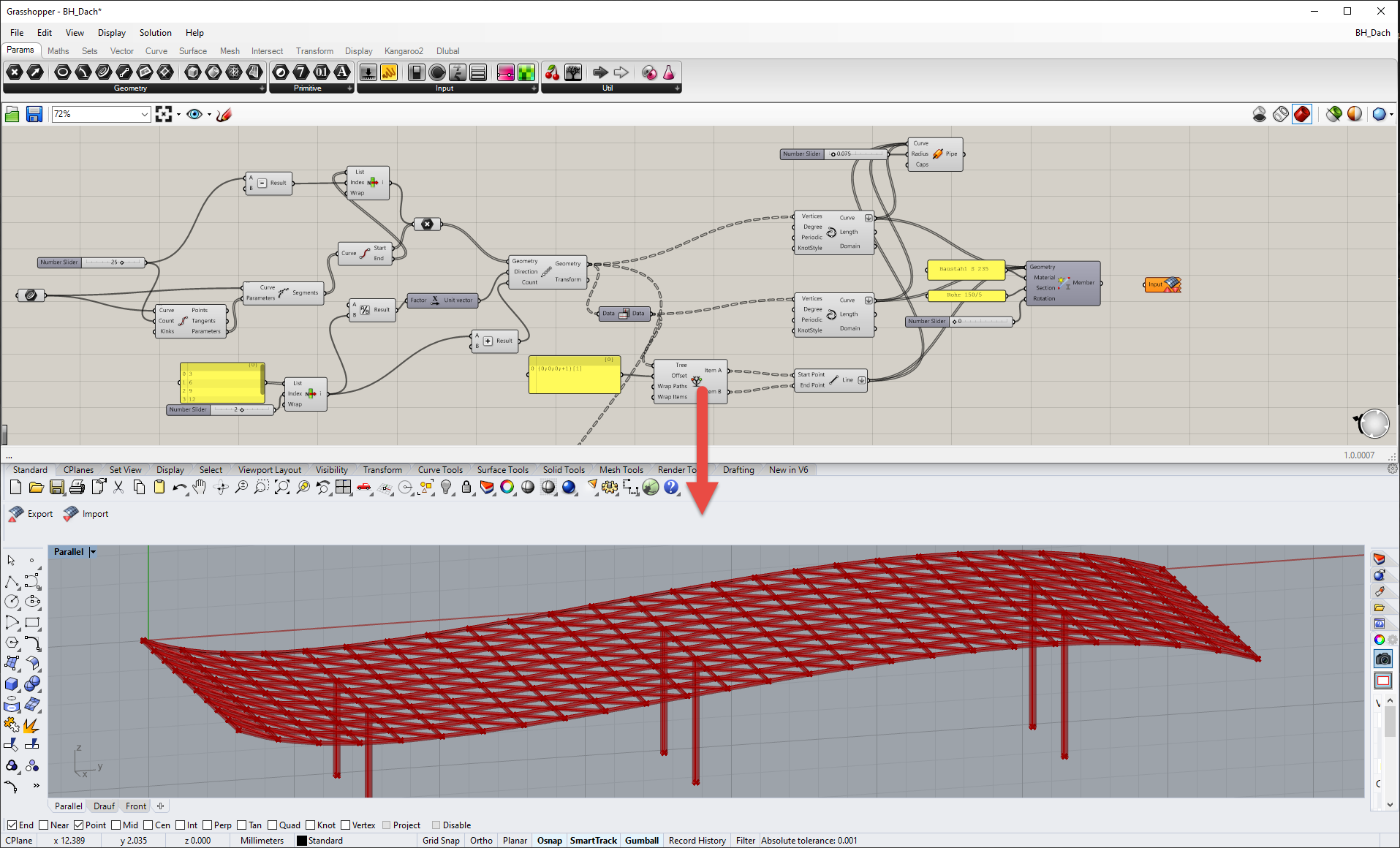 Parametrización de una cubierta de acero con Grasshopper (superior) y RFEM (inferior)
