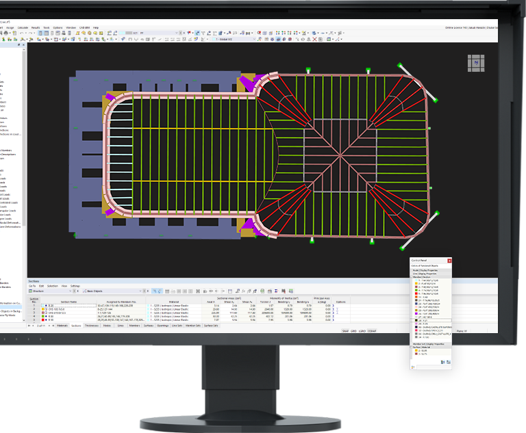 Entorno de trabajo tipo CAD con menú contextual para creación rápida de objetos estructurales mediante interfaces gráficas y tabulares