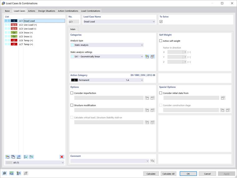 Casos de carga definidos