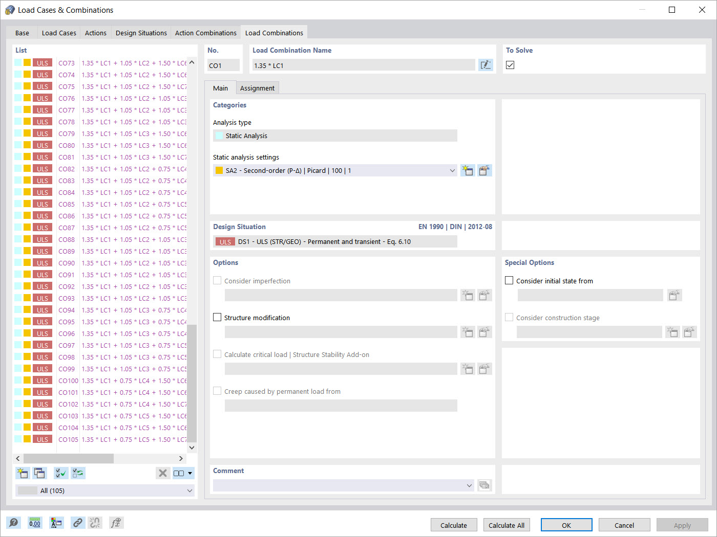 Número de combinaciones de carga sin reducción