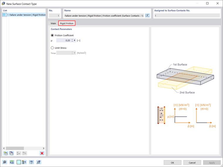 Parámetros de contacto para el contacto de superficies de tipo "Fricción rígida"