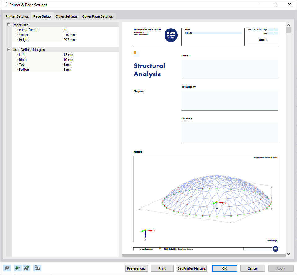 Ficha "Configuración de página" en el cuadro de diálogo "Configuración de impresora y página"