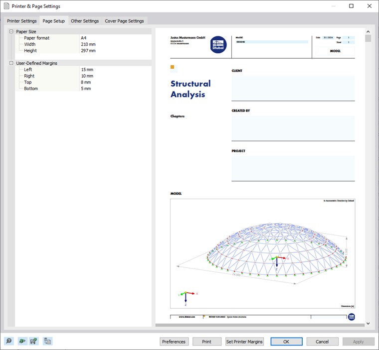 Ficha "Configuración de página" en el cuadro de diálogo "Configuración de impresora y página"
