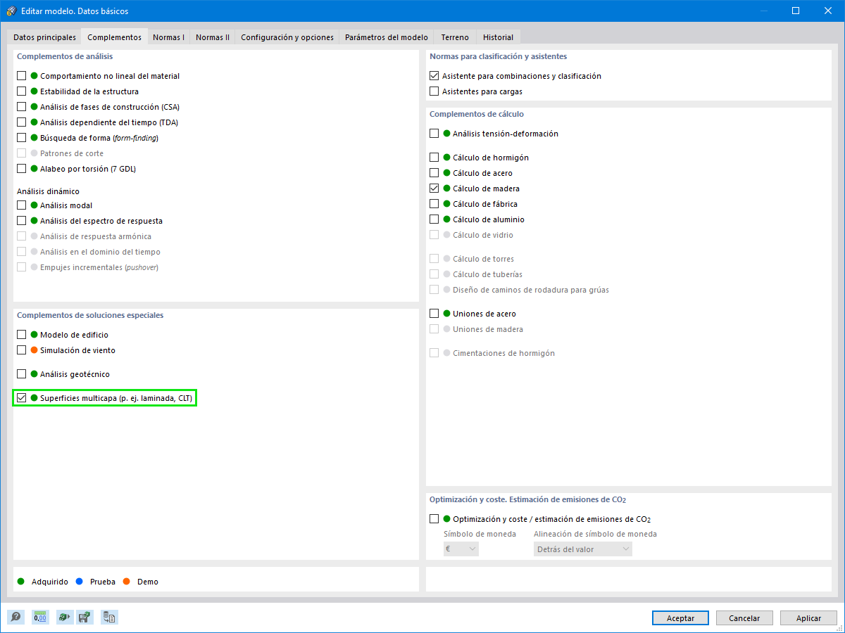Complemento "Superficies multicapa" en los datos básicos