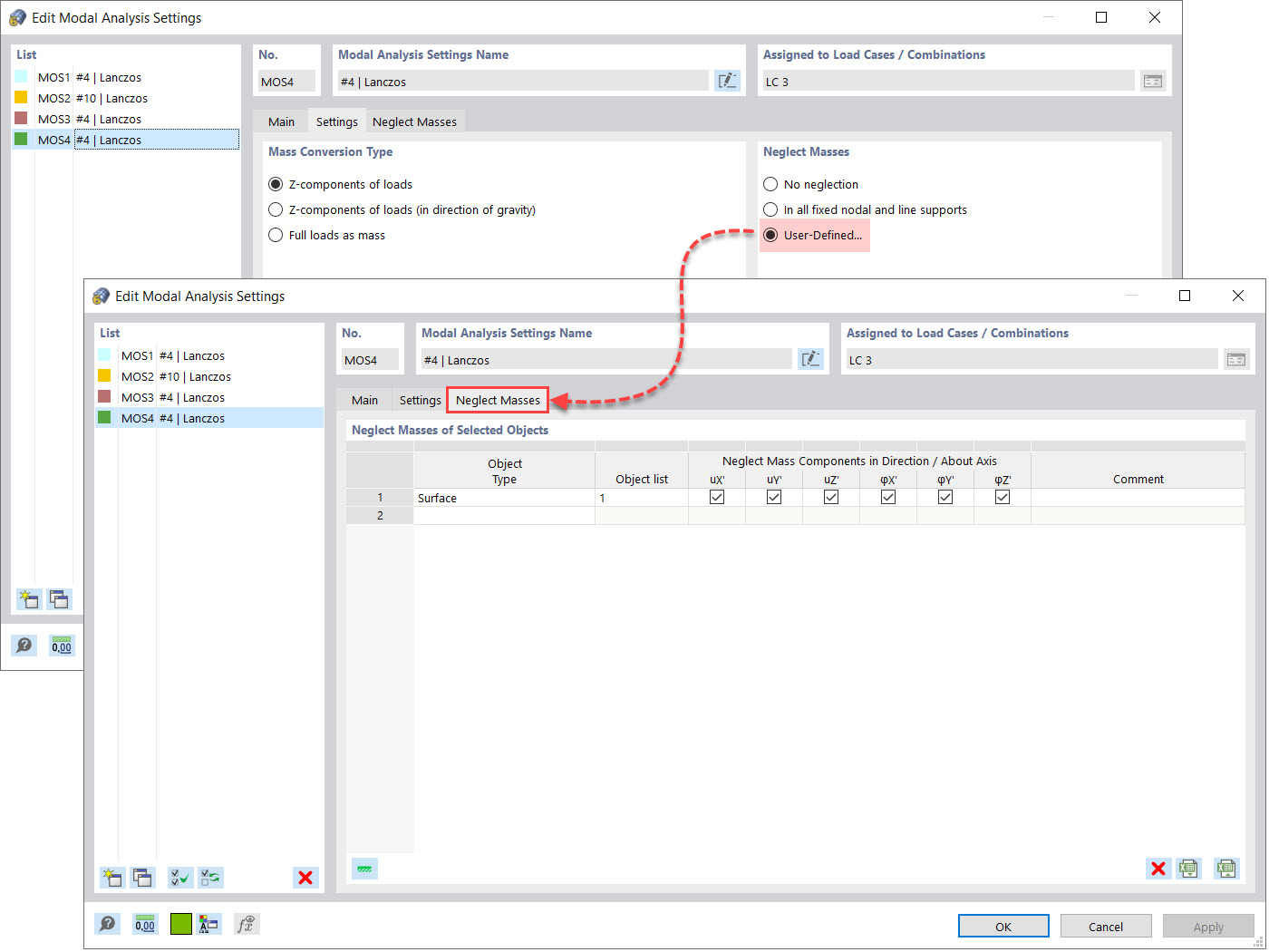 Omisión de masas definidas por el usuario