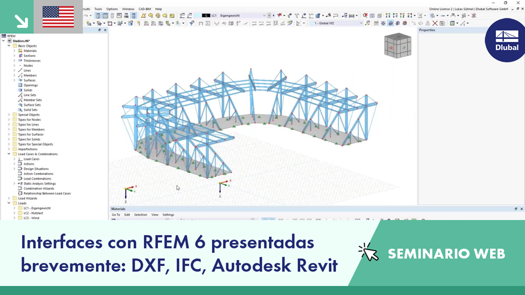 Webinar slide showcasing RFEM 6 interfaces with DXF, IFC, and Autodesk Revit integration.