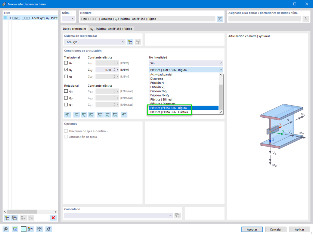 Articulaciones plásticas según FEMA 356 en RFEM