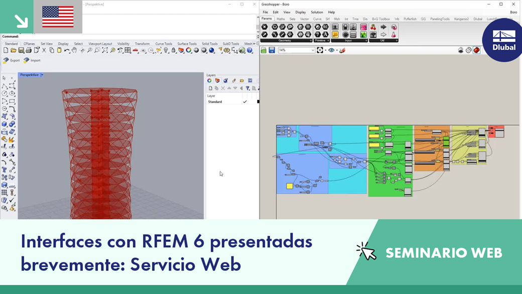 Interface presentation highlighting Webservice with Rhino and Grasshopper integration in an expert webinar session with visual aids.