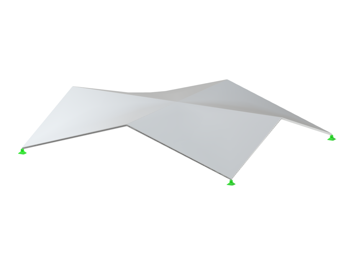 Estructuras laminares anticlásticas con cuatro superficies hypar que se intersecan sobre un plano rectangular. Todos los pliegues transversales están alineados a un mismo nivel.