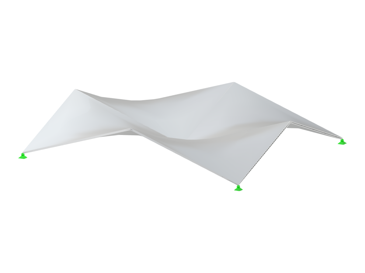 Cuatro superficies paraboloides hiperbólicas forman una estructura de cáscara anticlástica con bordes inclinados y pliegues sobre una planta rectangular.