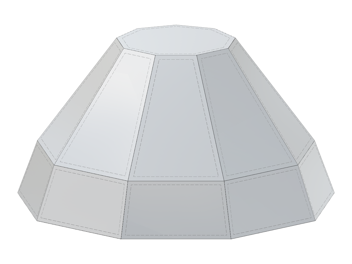 Modelo 3D de una pirámide truncada con una sección inferior ahusada, diseñado mediante un bloque paramétrico de JavaScript con entrada de aristas variable.