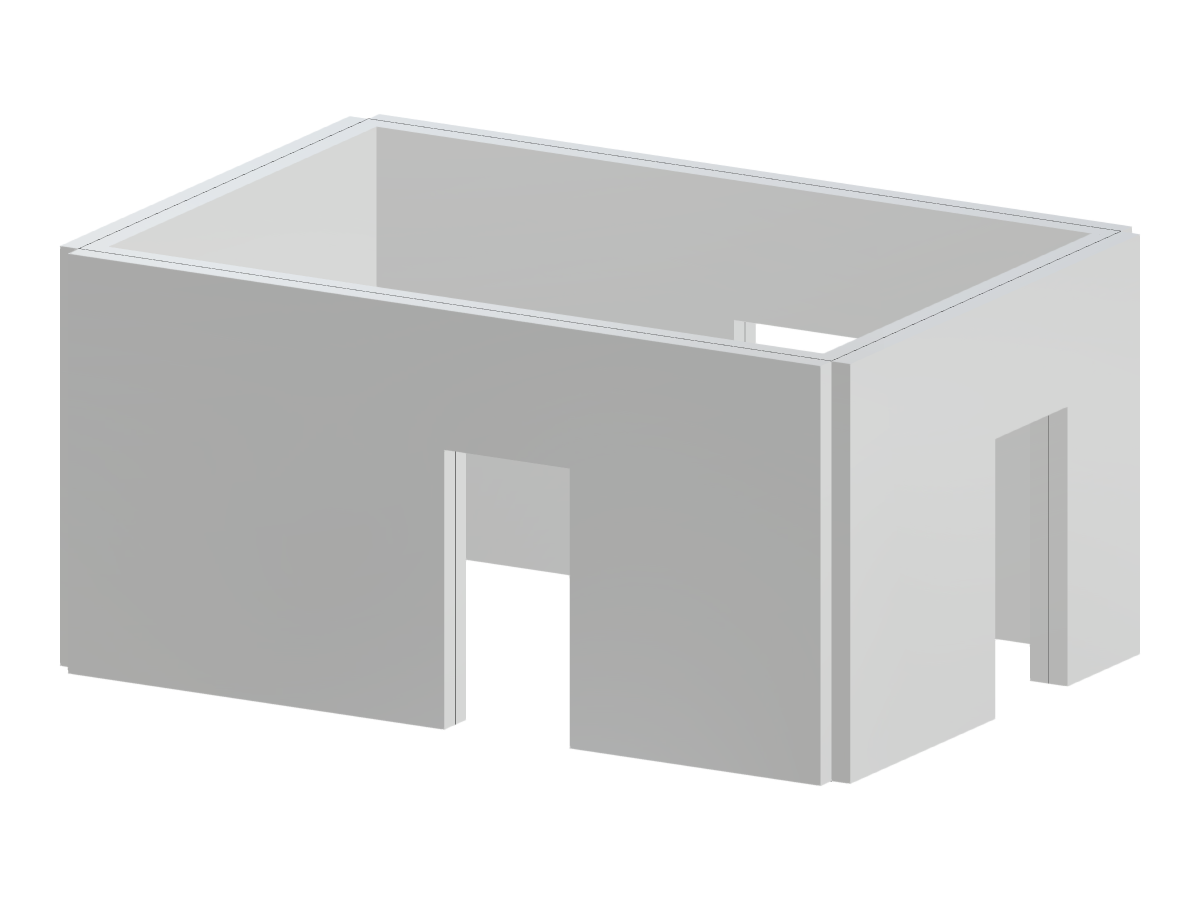 Habitación simple con muros, incluyendo tres aberturas que sirven como puertas.