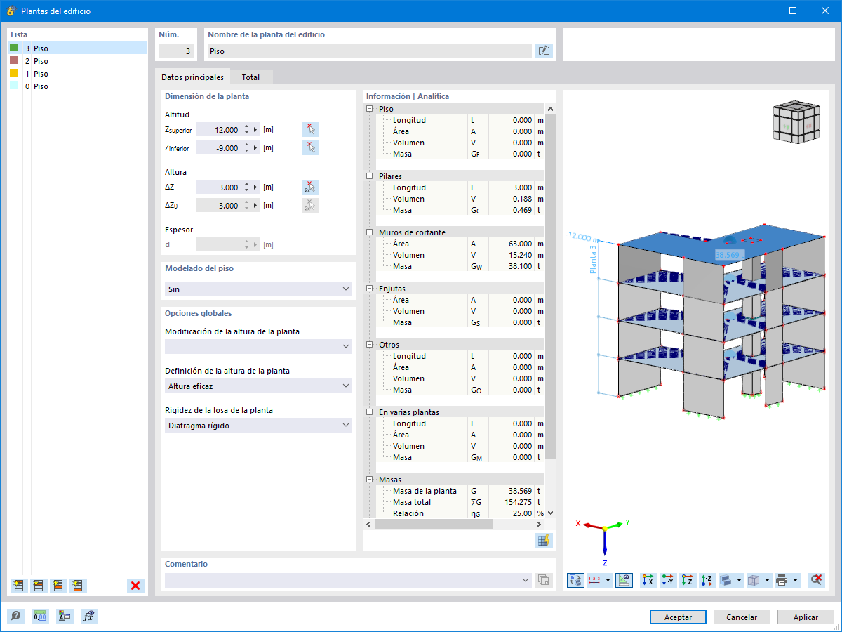 Plantas del edificio: dimensión de la planta, opciones globales e información