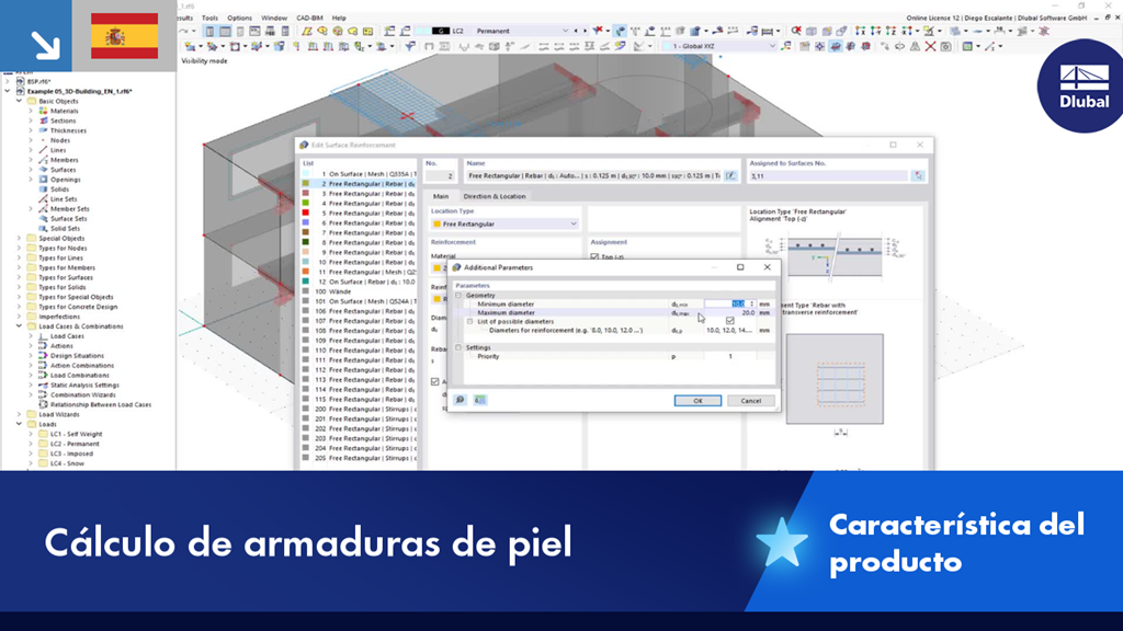 Darstellung der Auslegung von Flächenbewehrung in einem Bauprojekt. Nutzung einer spezifischen Technologiefunktion zur Optimierung der Bewehrungsverteilung bei Stahlbetonbauteilen.