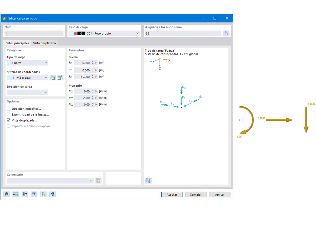 Característica 002562 | Vista desplazada de cargas en nudos