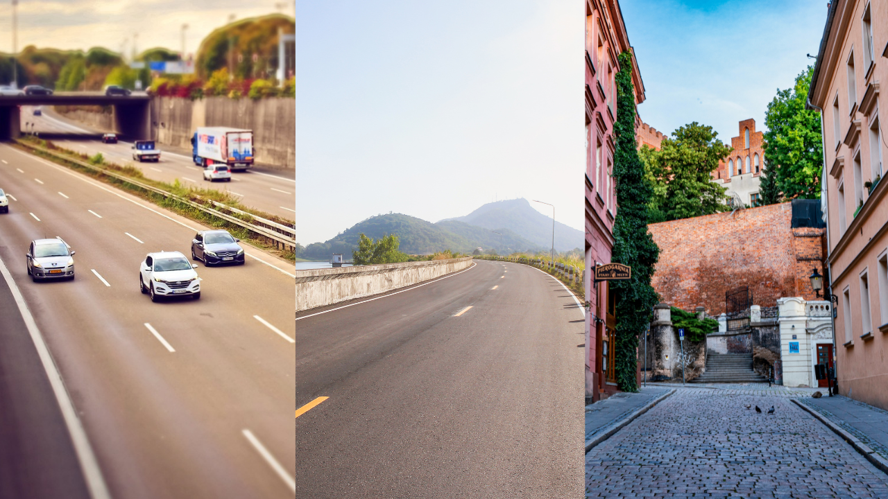Pavimento de hormigón, asfalto y adoquines como superficies de carreteras