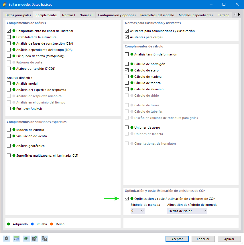 Activar módulo "Optimización y costes / Estimación de emisiones de CO2"