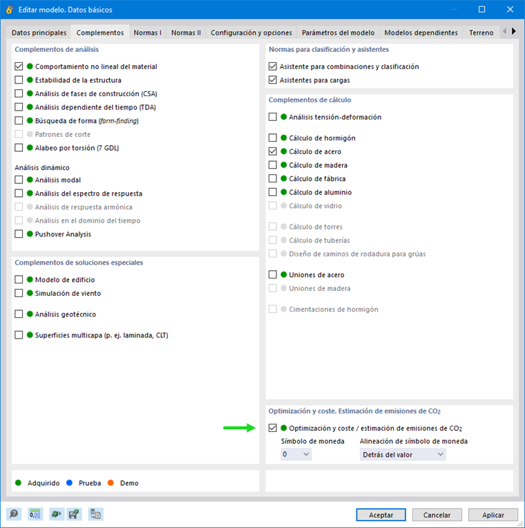 Activar módulo "Optimización y costes / Estimación de emisiones de CO2"